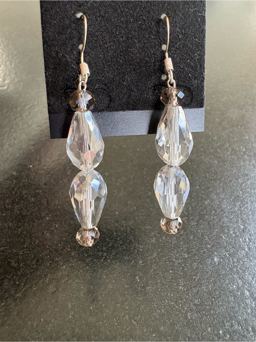 Clear and gray beaded dangle earrings Handmade New on card